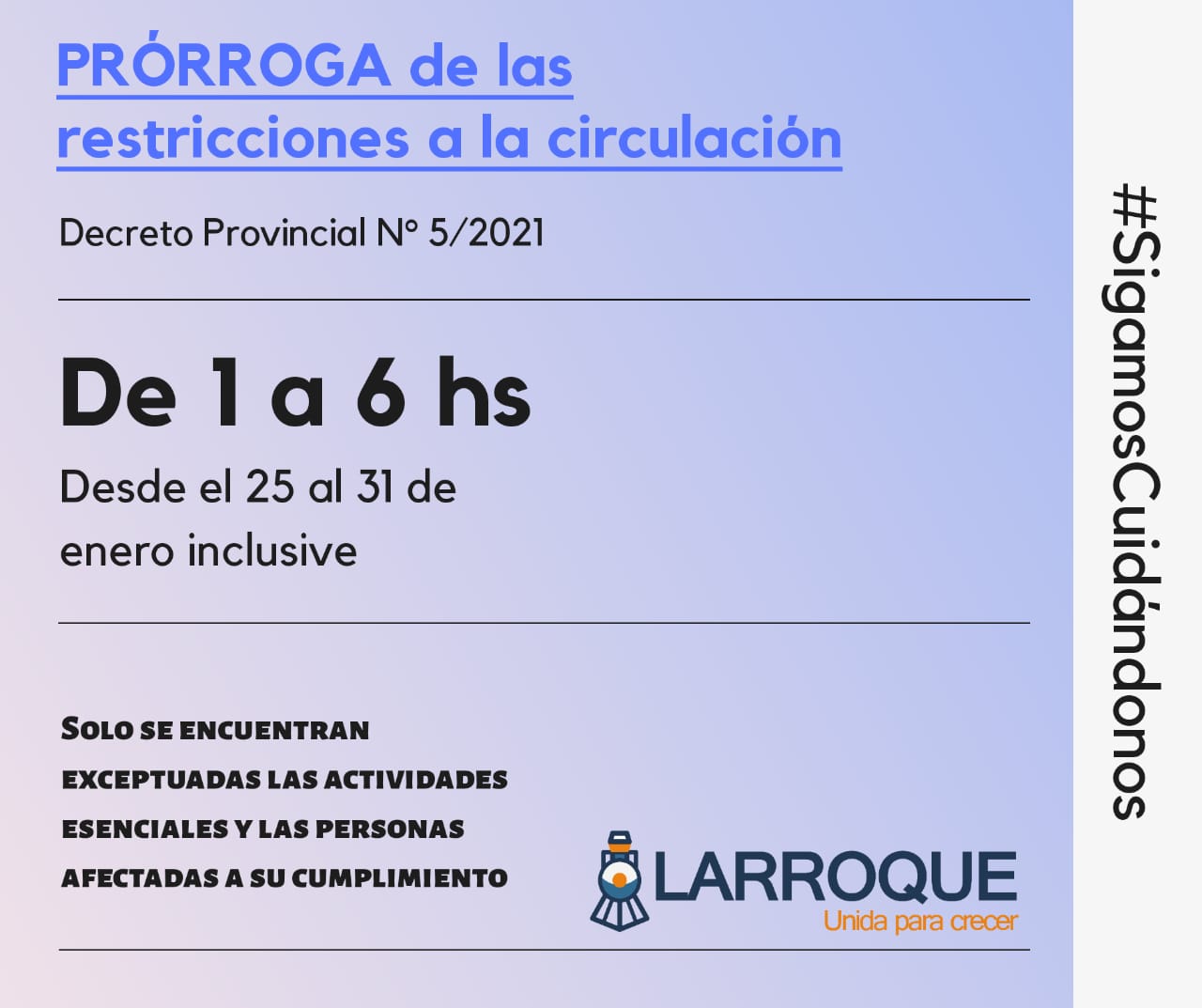 La Municipalidad de Larroque adhiere a la prórroga de las restricciones nocturnas de circulación
