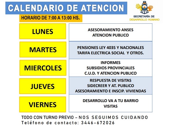 Desarrollo Humano de la Municipalidad de Larroque, informa el Calendario de Atenciones
