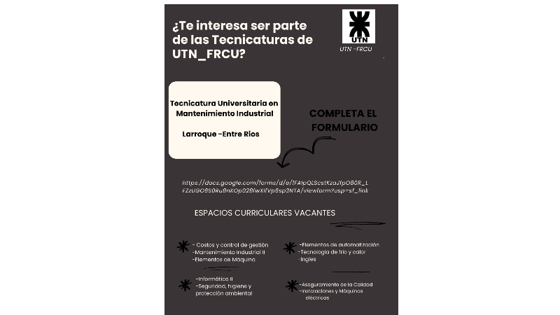 Está abierta la convocatoria para cubrir espacios curriculares de materias de las Tecnicaturas de la UTN-FRCU