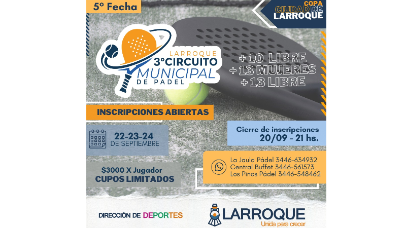 Está abierta la inscripción para la 5ta. Fecha del Tercer Circuito de la “Copa Ciudad de Larroque” de Padel
