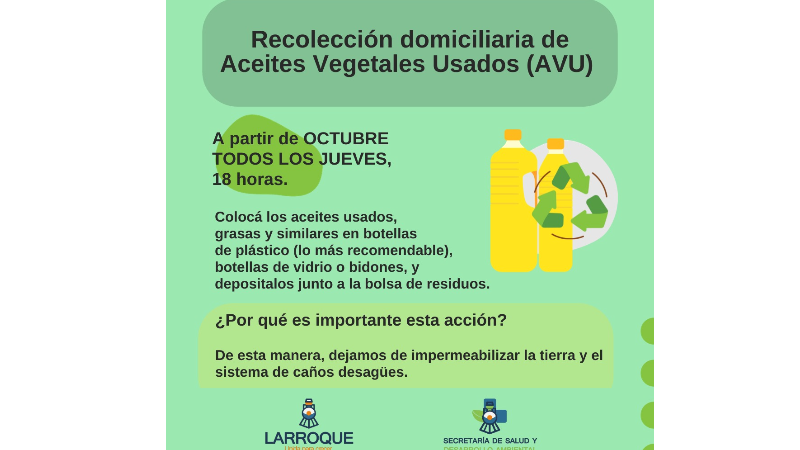 La Municipalidad de Larroque comenzará con la recolección domiciliaria de Aceites Vegetales Usados
