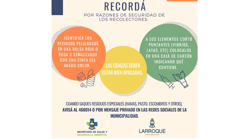 Se recuerdan días y horarios de la recolección de residuos domiciliarios y algunas recomendaciones “por una ciudad más limpia y saludable”