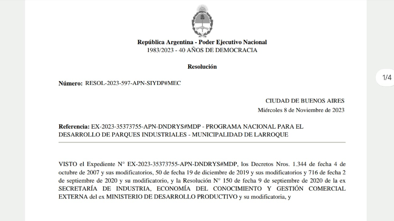 Larroque dispone de casi 170 millones de pesos para diversas inversiones en el Parque Industrial local